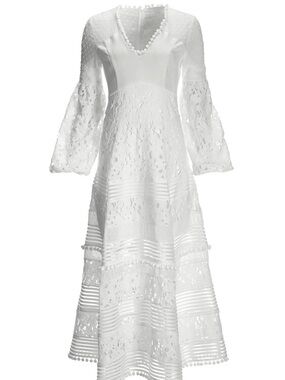 Boston Proper White Lace Midi Dress with Bell Sleeves
